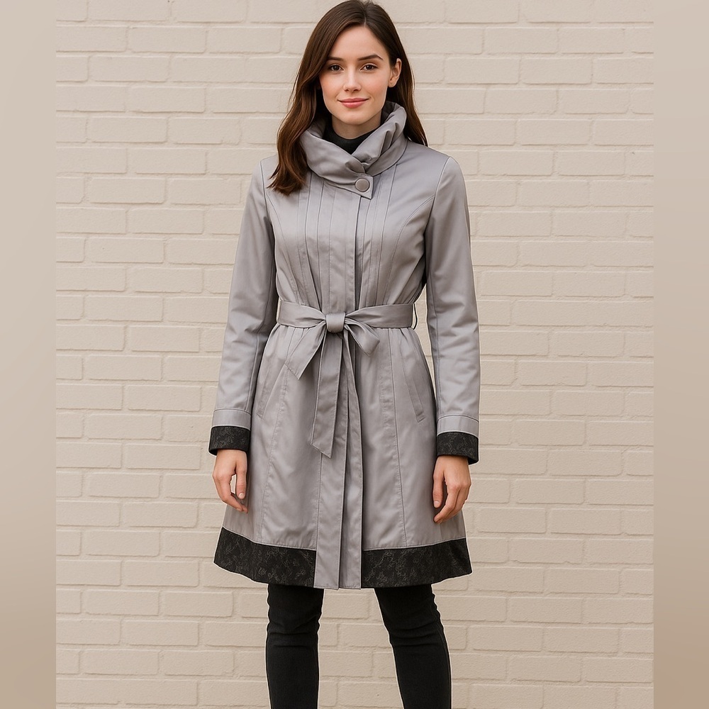 C2 Studio Velvet Trim‎ Trench Coat  Size Medium, Gray